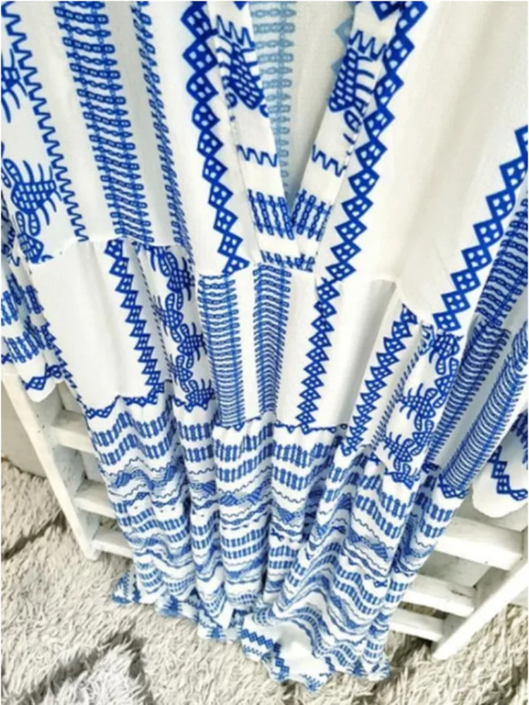 

Maxi Dresses For Women Vintage Geometric Loose Beach Holiday Boho Long Dress Plus Size V Neck Female Clothes Dropshipping