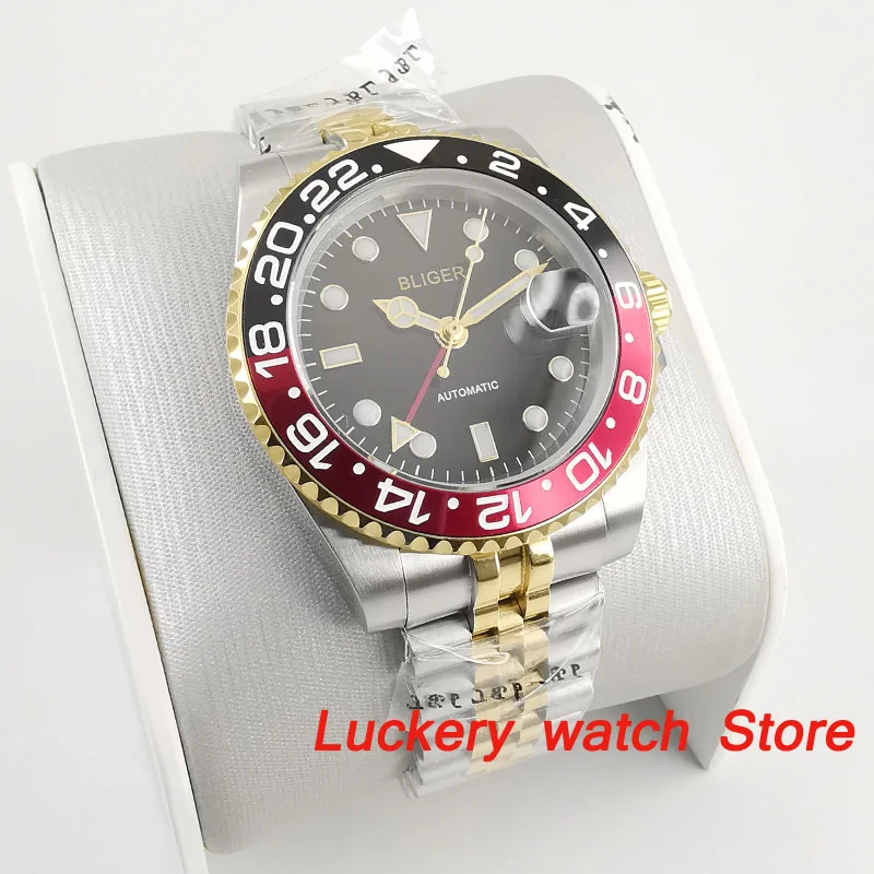 Bliger 40 мм GMT мужские роскошные часы с черным циферблатом светящиеся стеклянные