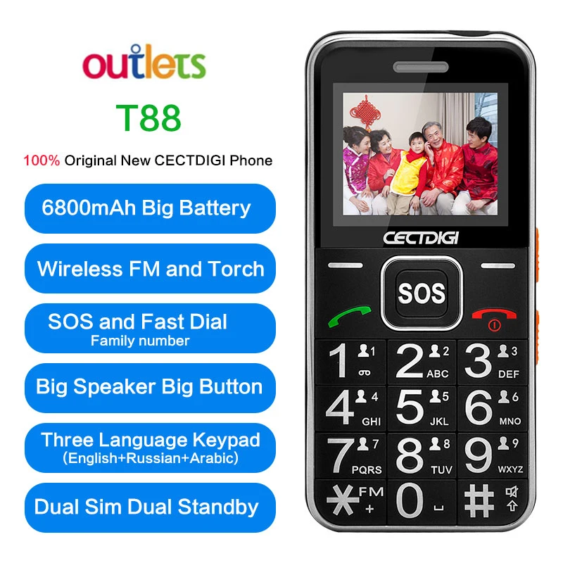 Billig Ältere Mann Handy Senior Russische Handy 2G GSM Bluetooth Dual SIM Karte SOS Taste Starke Taschenlampe FM Günstige Handys T88