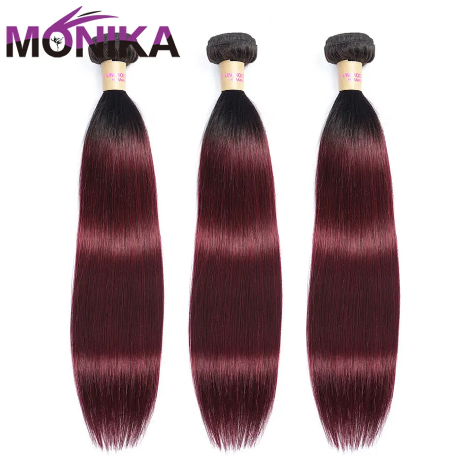 Monika Hair Pre-colored Weave T1B/99J Bundles Ombre Hair Straight Bundles Human Brazilian Hair Weave Bundles Non-Remy Ponytail
