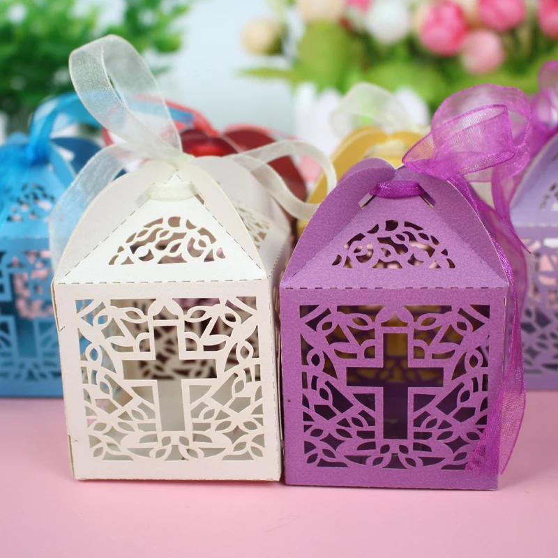 100 шт./лот коробки для конфет с крестом Подарочная коробка гостей упаковка Baby Shower