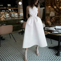 white wedding dress with pockets spaghetti strap sexy backless satin bride dress tea length wedding gowns princess 2020