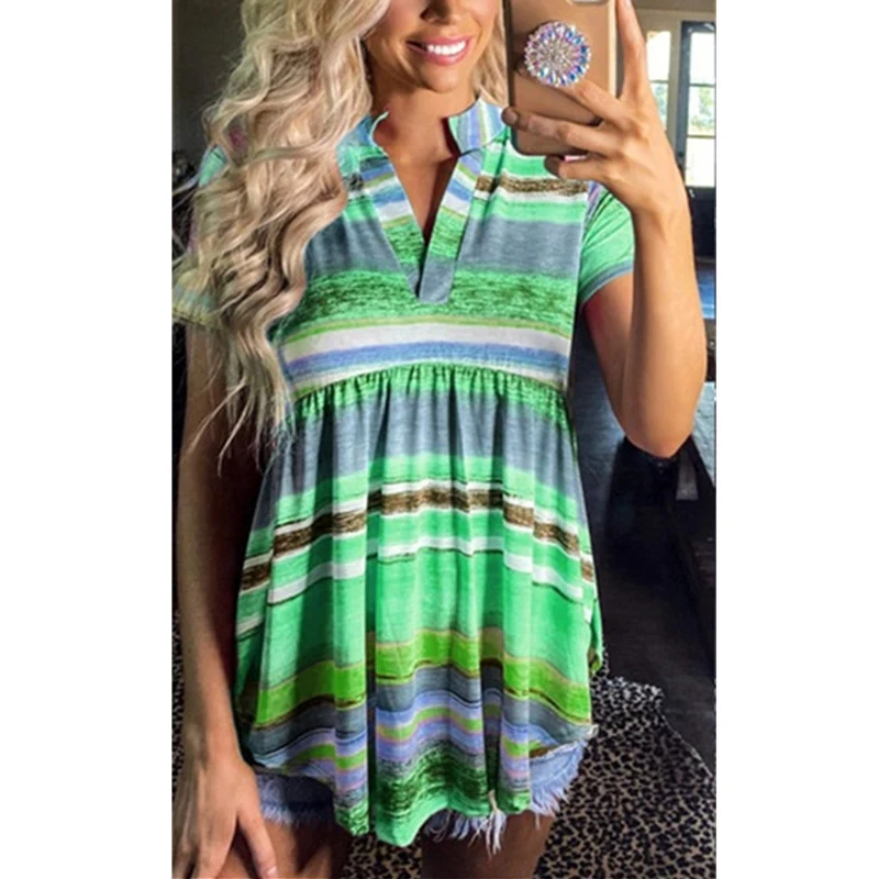 

Plus Size S-5XL Women Rainbow Gradient Print V Neck Casual Loose Short Sleeve T-shirt Summer Harajuku Fashion Tops Tee SJ6424R
