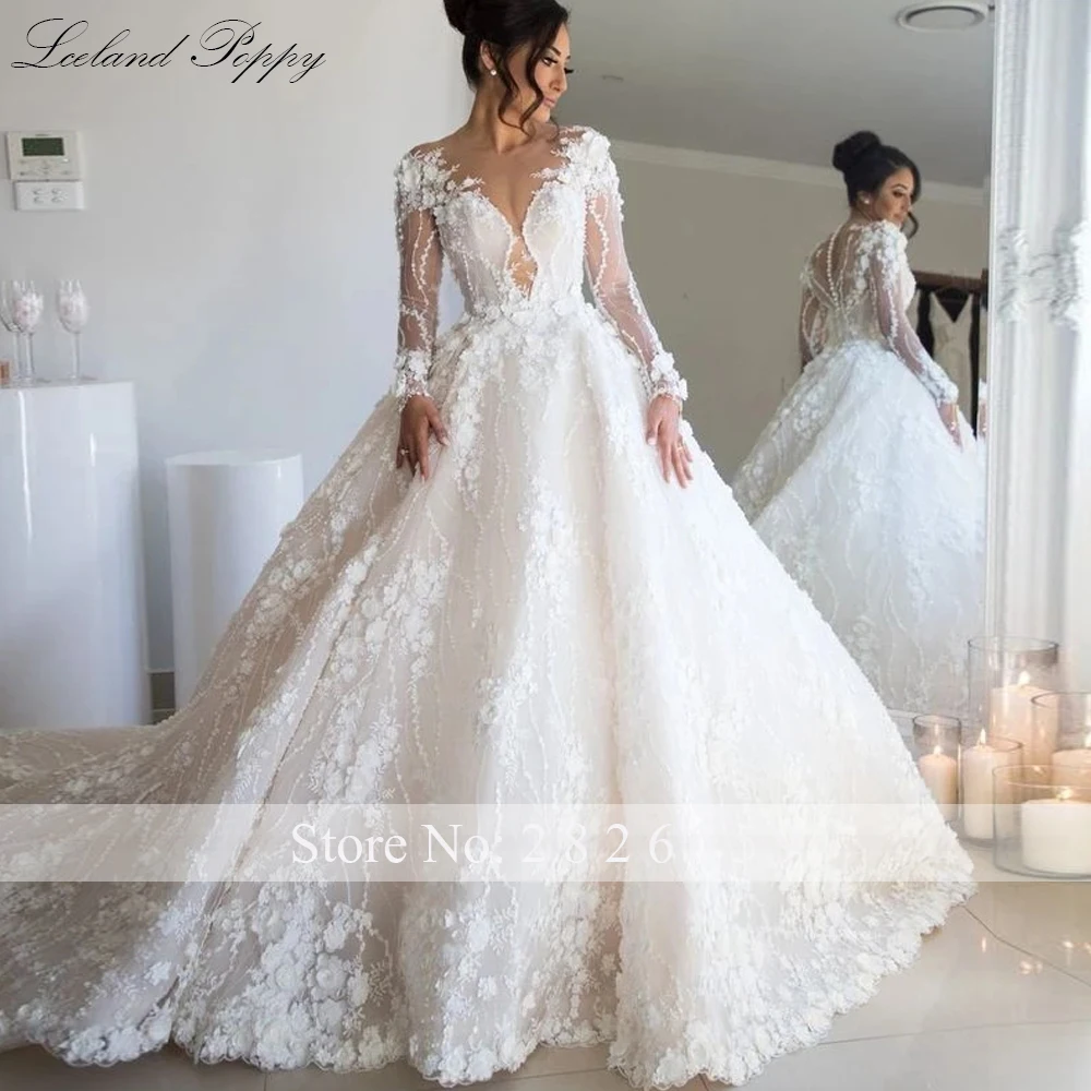 Lceland Poppy A-line Lace Wedding Dresses 2020 Floor Length Long Sleeves Vestido de Novia Illusion Bridal Gowns with Flowers