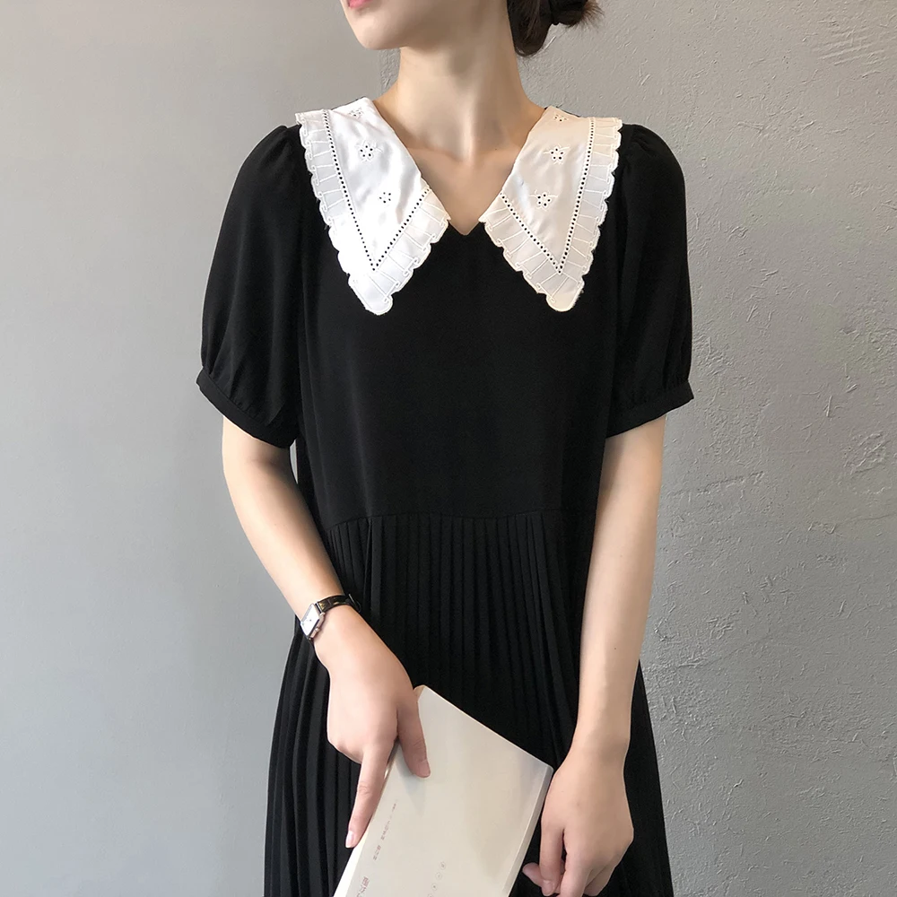 

Chiffon Pleated Black Dress Summer Female Womens Short Sleeve Girls Dress Peter Pan Collar Women Dress Femme