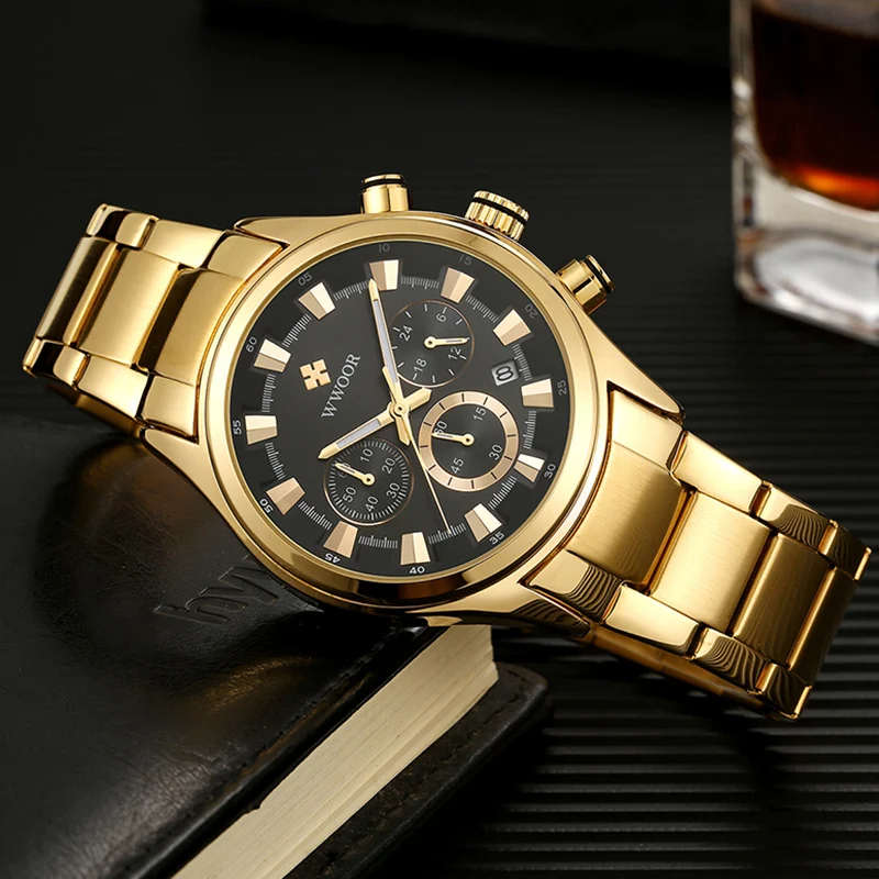 WWOOR Gold Stainless Steel Men Watch Fashion Chronograph Waterproof Quartz Watches Luminous Date Watch For Men Relogio Masculino