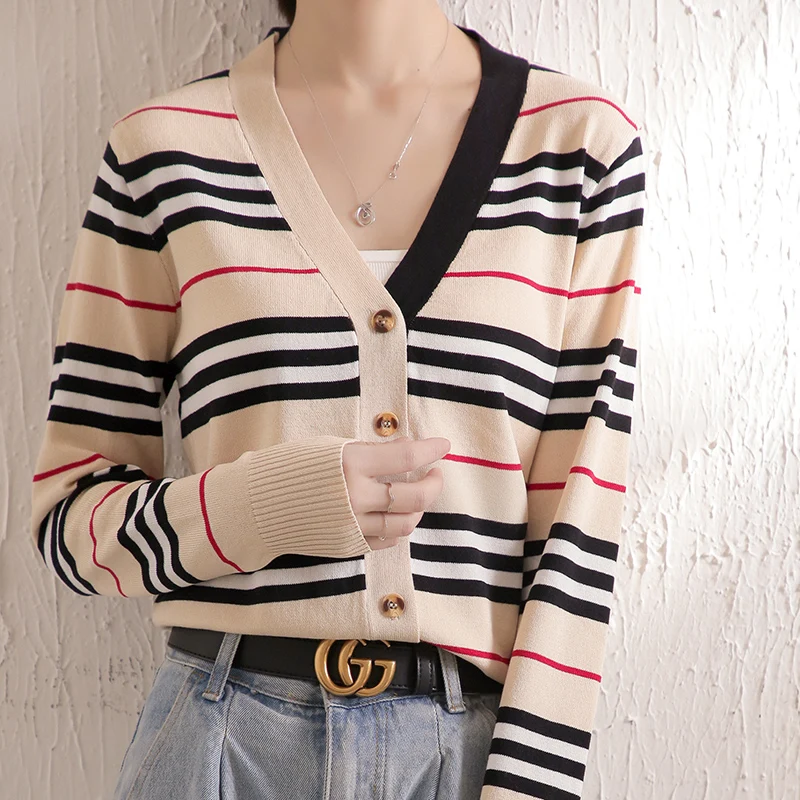 

Women's cashmere cardigan long sleeve knitting V-neck stripe cashmere cardigan thin women's cardigan