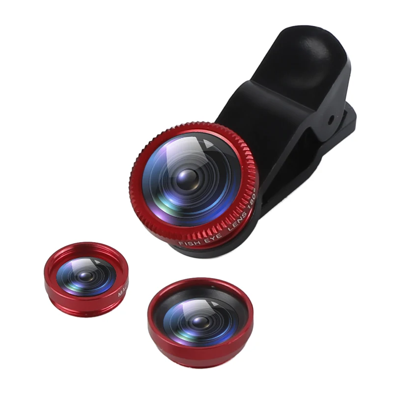 Красный Универсальный 3 в 1 Широкоугольный макро объектив "рыбий глаз" Камера Наборы селфи мобильный телефон рыбий глазные линзы подходят для всех мобильных телефонов Аксессуары - Цвет: Красный