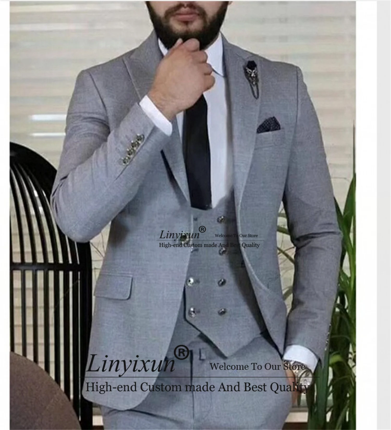 

Gray Men's Slim Fit Suit Formal Business Brazer 3 Pieces Traje Hombre Wedding Groom Tuxedos (Jacket+Pants+Vest) Costume Homme