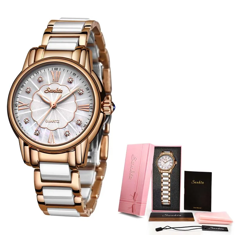 Rose gold white SUNKTA роскошные подарочные часы с бриллиантами женские водонепроницаемые часы из розового золота со стальным ремешком женские наручные часы лучший бренд часы Relogio Feminino - Цвет: Rose gold white