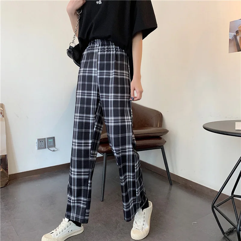 Харадзюку клетчатые широкие длинные штаны для девочек с эластичной высокой