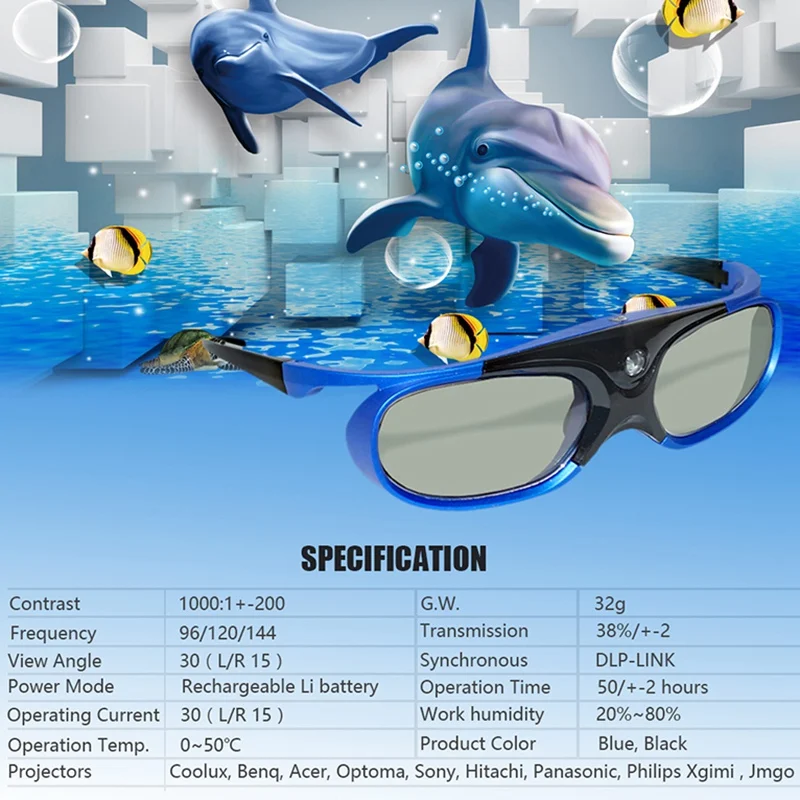

Rechargeable DLP Link 3D Glasses Active Shutter Eyewear for Xgimi Z3/Z4/Z6/H1/H2 Nuts G1/P2 BenQ Acer & DLP LINK Projector