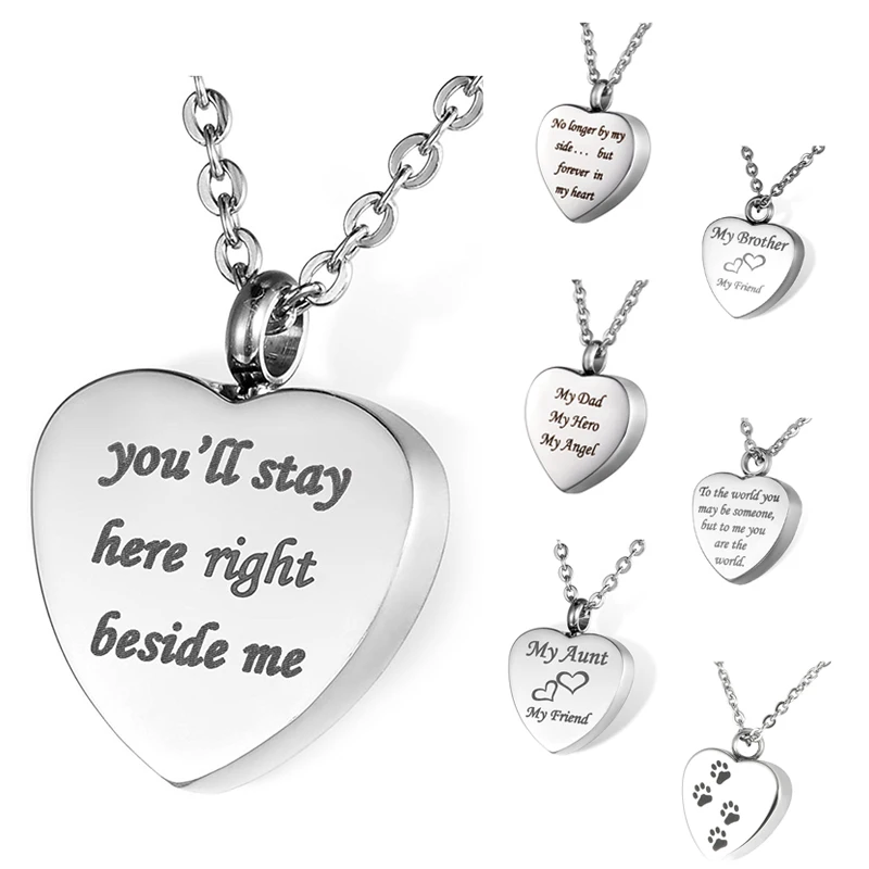 Cremation Jewellery Stainless Steel &quotNo Longer By My Side... But Forever In Heart&quot Heart Urn Pendant Necklace - Memorial Ash |