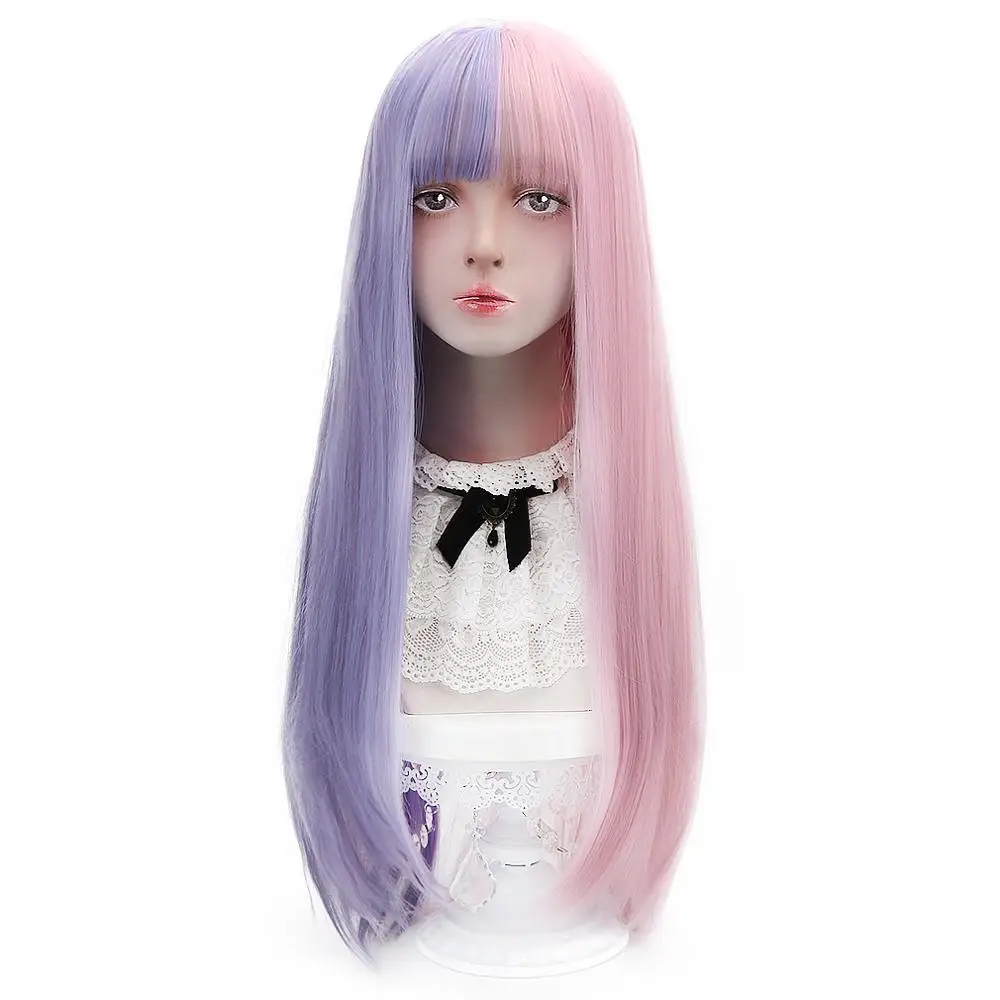 

AICKER Long Straight Synthetic Baby Purple Pink Blue Brown Black Blonde Hair Wigs with Bangs for Cosplay Costume Party Halloween