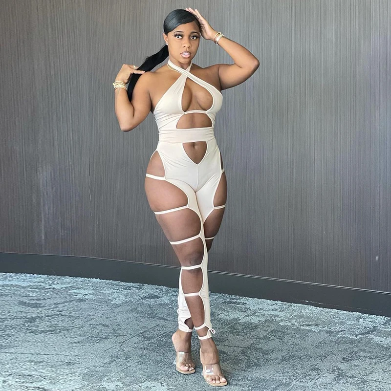 

2021 Summer Wonmen's Hollow Out Cross Halter Jumpsuit Sexy Skinny Sleeveless Club Wear For Women