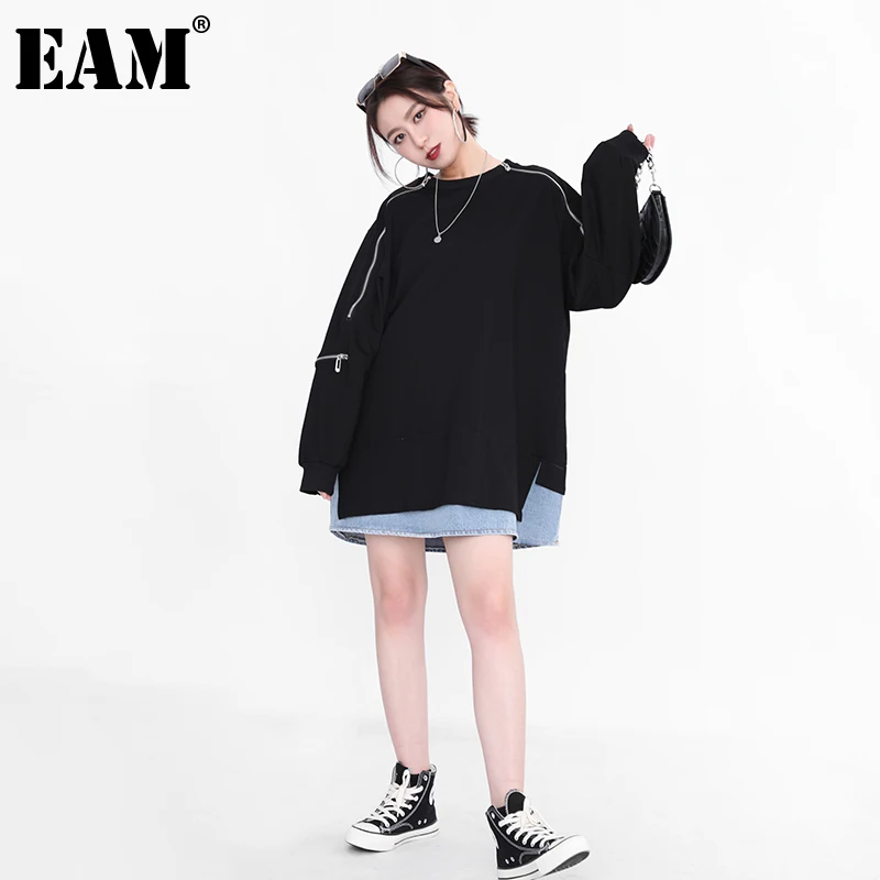 

[EAM] Loose Fit Black Denim Long Sweatshirt New Round Neck Long Sleeve Women Big Size Fashion Spring Autumn 2021 1DC36301