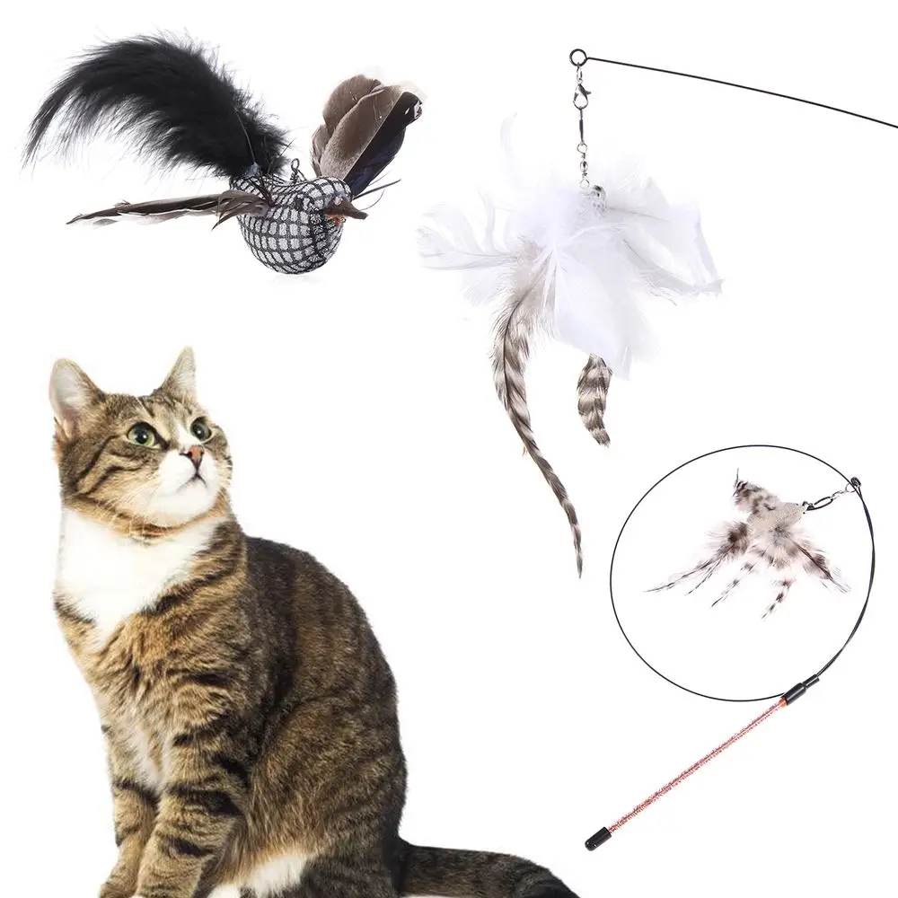

Kitten Playing Furry Feather Bird Replacement Interactive Simulation Bird Cat Stick Toy Pet Cat Teaser Toys with Bell