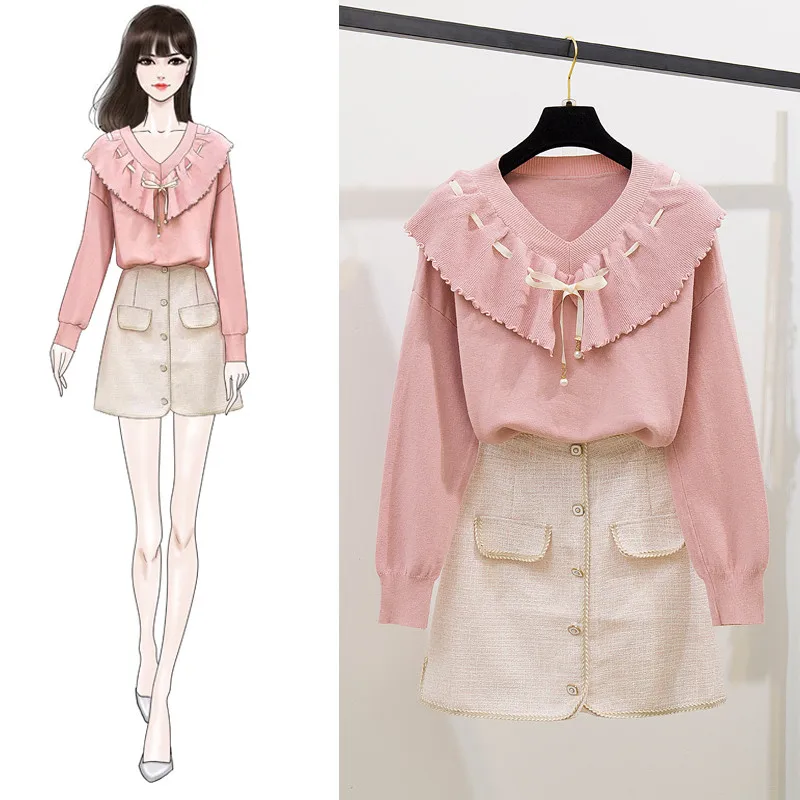 

fall new short skirt fashion suits skirts sweet bowknot long sleeve knit A word skirts women 2 pcs sweet clothing set outfit