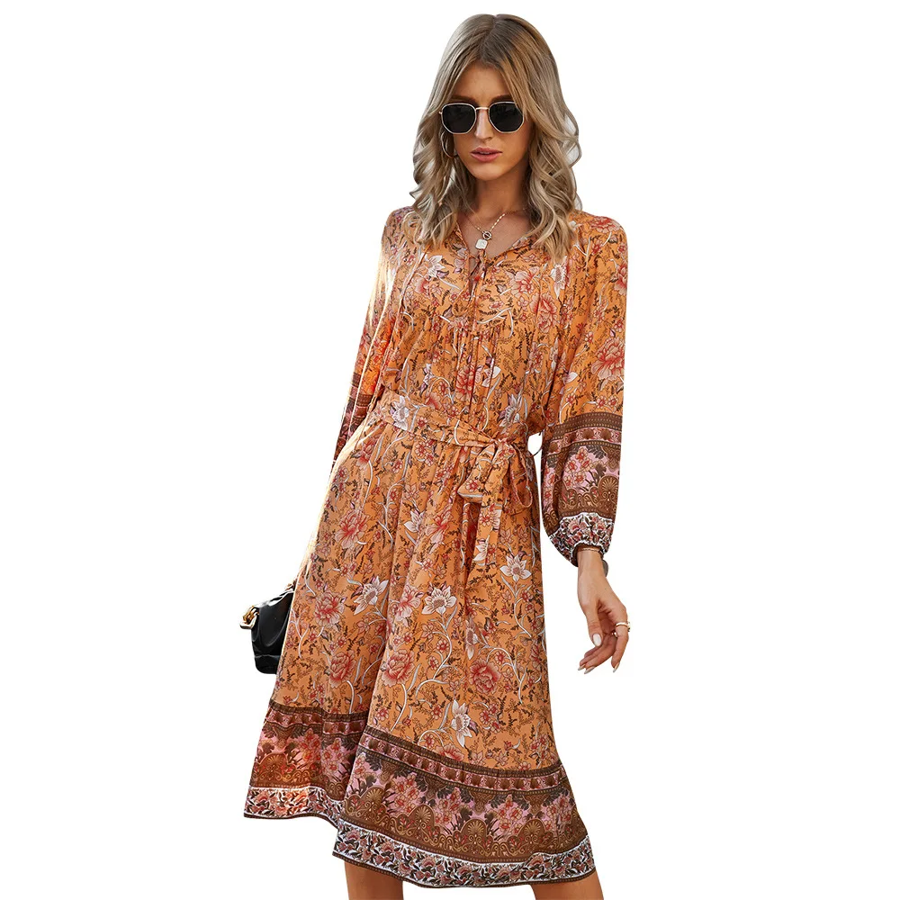 

Cross-border Foreign Trade Women's bohemian Vacation Style Casual Fashion Printed Dress 7-point Sleeve A-line Skirt