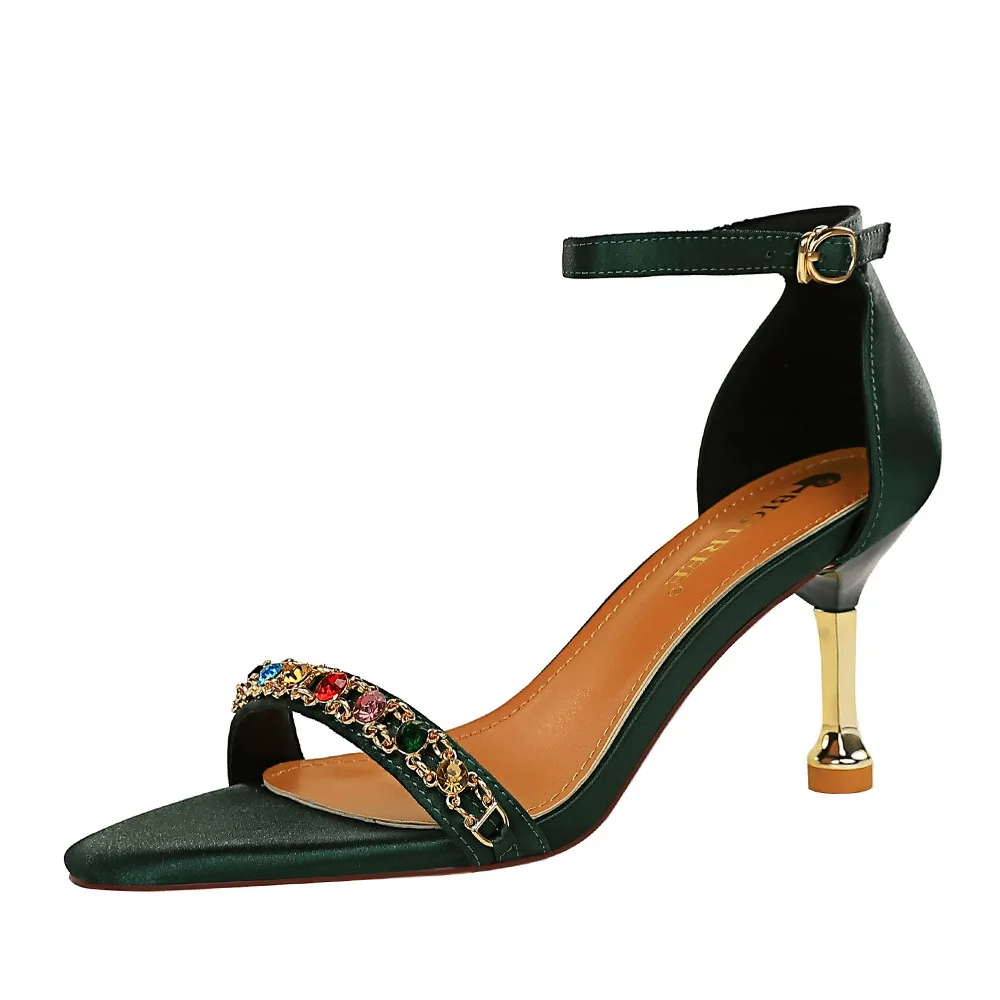 

7cm Korean Sexy Summer High Heels with Stilettos Satin Metal Chains Rhinestones Ladies Shoes and Sandals