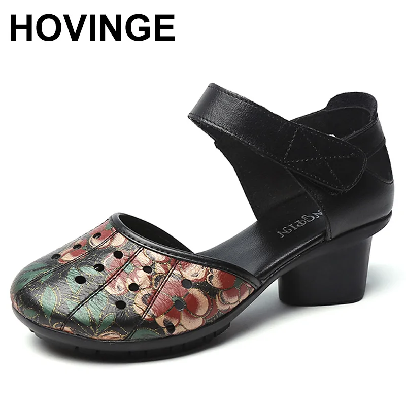 

HOVINGE Ethnic Style Retro Women Sandals Fashion Closed Toe Genuine Leather Women Thick Heel Sandals Summer Mother Casual Shoes
