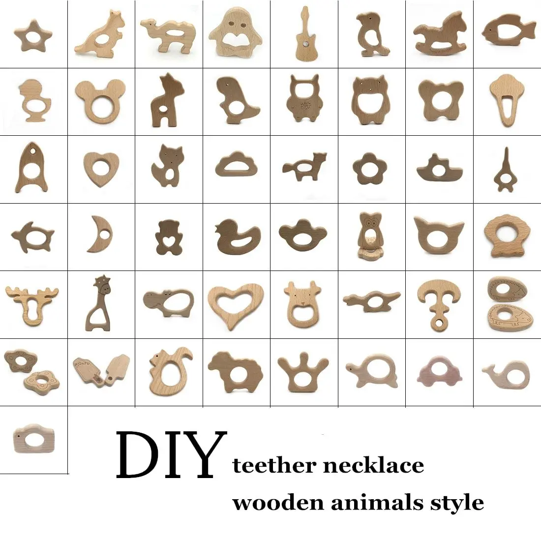 

DIY Baby Gym Toys Wood Necklace Pendant Food Grade Wooden Teether Toys Cartoon Animal Wooden Teething Toys