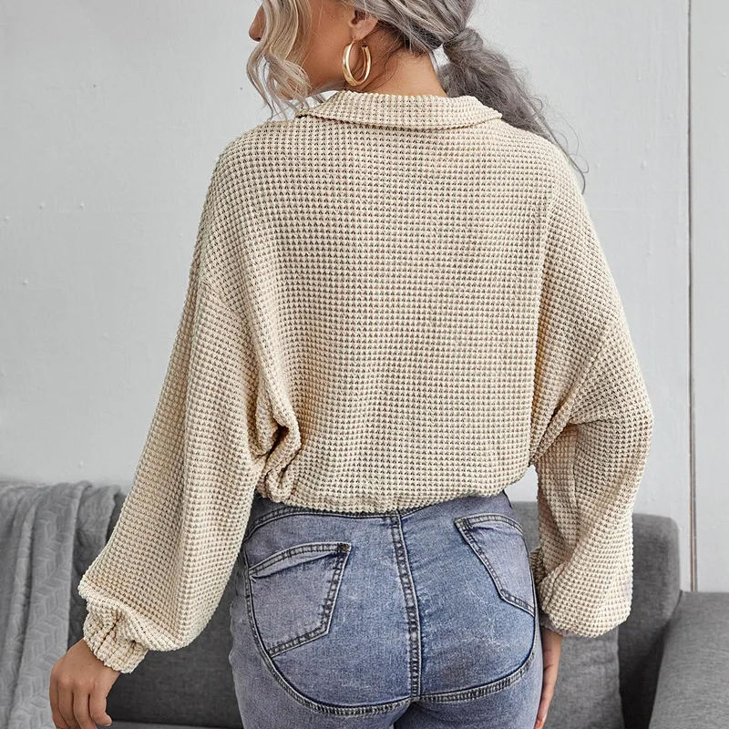 

Spring and autumn new women's zipper drawstring lapel knit POLO shirt jacket