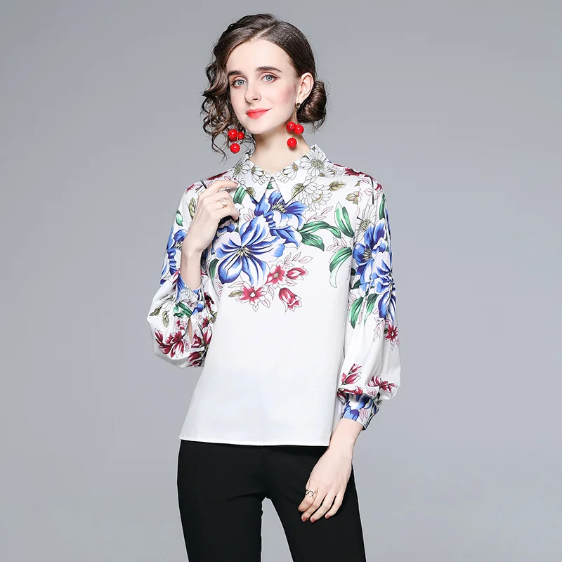 

Runway Shirt Women Fashion Elegant Long Sleeve Blouse Office Ladies Floral Print Workwear Blusas Shirt Blouses Femme N665
