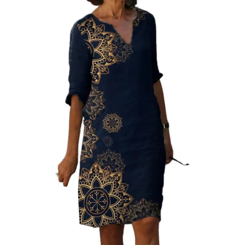 

Женское винтажное платье с принтом, свободное платье до колен с рукавом до локтя и V-образным вырезом, женская одежда на весну и лето, 2021