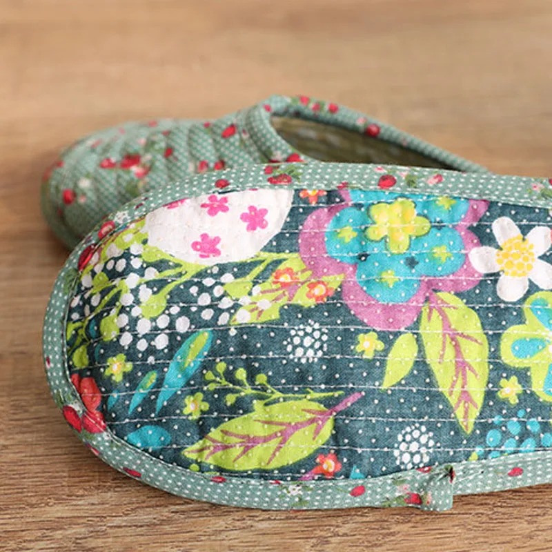 

25cm Vintage Floral Home Shoes Slippers Women Cotton Fabric House Slipper Sewing Comfy Flat Shoes Indoor Soft Travel