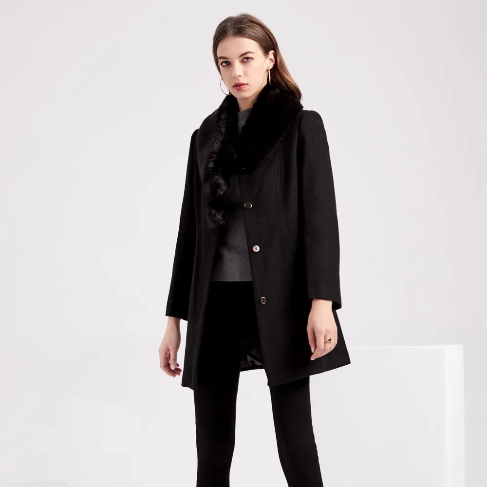 

Женское длинное шерстяное пальто, винтажное теплое однобортное пальто из смешанной шерсти с меховым воротником, зима 2020