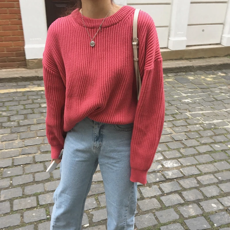 

2021 winter women's loose and simple long-sleeved sweater women retro long-sleeved knitted Harajuku oversized pink pullover