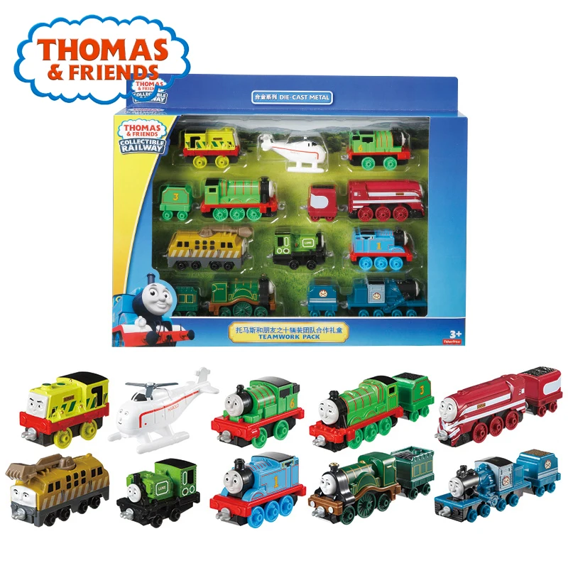 

Автомобиль с литым поездом Thomas & Friends, игрушечная Подарочная коробка, 10 шт., поезд из сплава Matel, коллекционная детская игрушка, карманный поез...