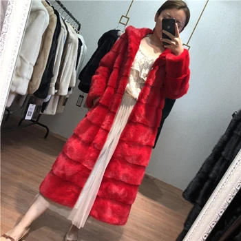 red Женское длинное пальто из натурального меха норки с капюшоном и длинными рукавами, зимняя Толстая теплая женская Норковая Меховая куртка больших размеров - Цвет: red