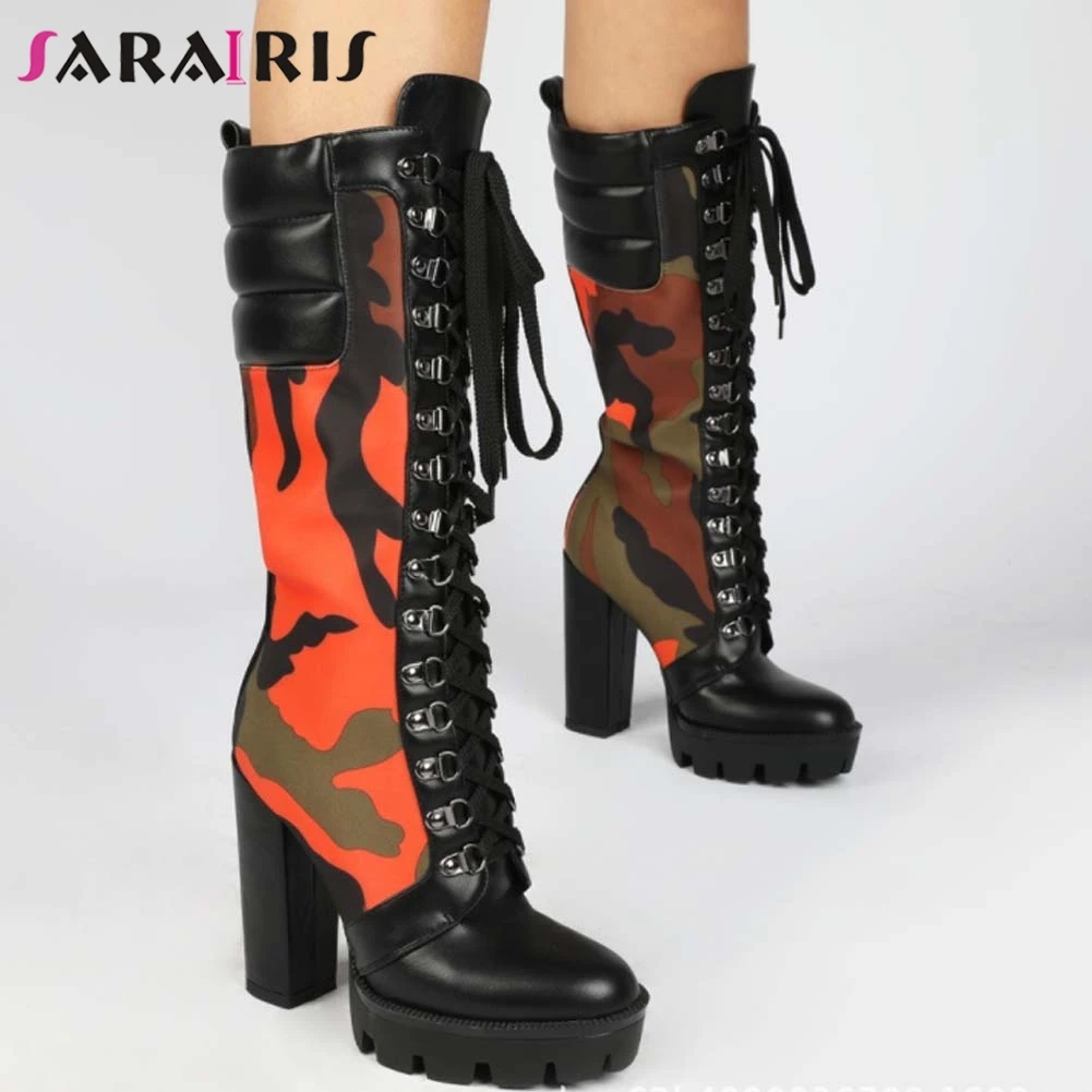 

SARAIRIS Big Size 36-43 Ladies Mixed Colors Mature Boots Mid Calf Boots Women Platform Chunky High Heels shoelace Shoes Woman