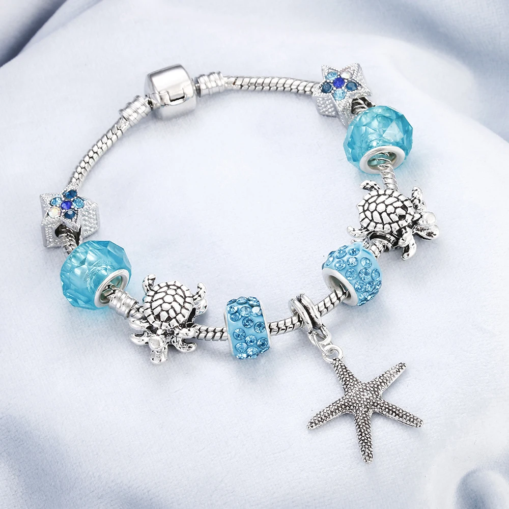 Посеребренная Цепочка Змея женские браслеты и DIY бисер Морская Черепаха звезда