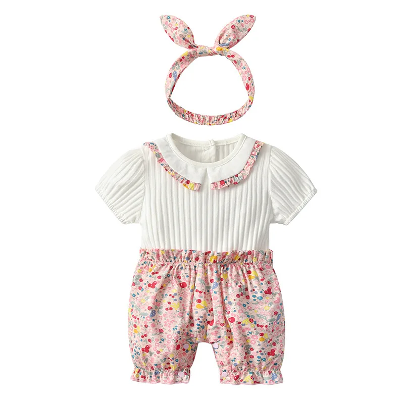 

Newborn Baby Girl Romper Turn-down Collar Floral Baby Clothes Cotton Summer Toddler Jumpsuit Outfits Clothing with Hairband 0-2Y