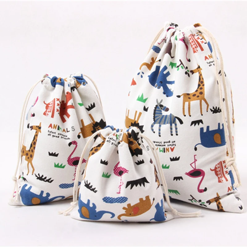 

Cartoon Animals Printed Storage Bags Baby Clothing Kids Toys Organizer Drawstring Candy Bags Cotton Linen Jewelry Cosmetic Pouch