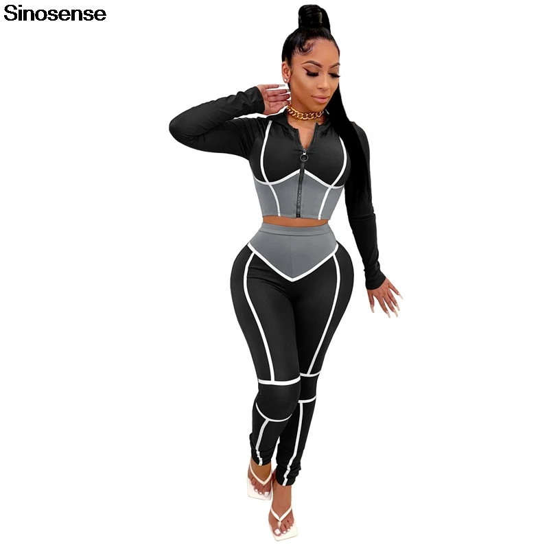 

Women Fitness Sports Two Piece Set Long Sleeve Zipper Crop Top Hoodie+Sporty Legging Suits Stretchy 2 Piece Workout Outfits