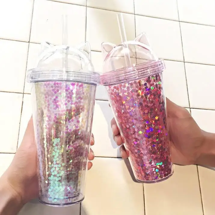 Креативная пластиковая бутылка для воды без БФА с соломинкой и кошачьими ушками