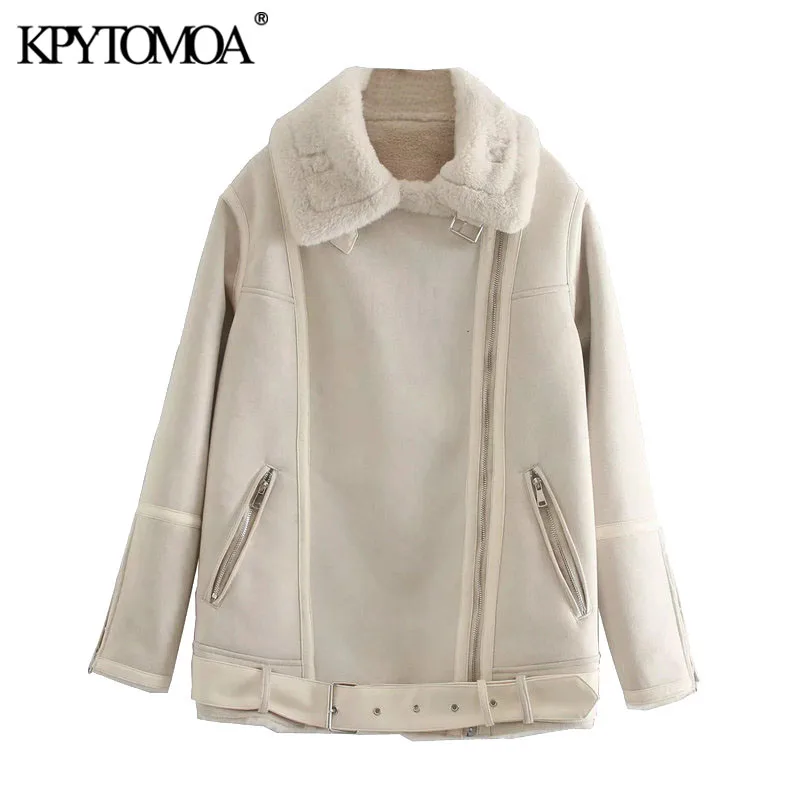 

KPYTOMOA Женская мода 2021 с мехом из искусственной замши Толстая теплая куртка пальто Винтажная с длинным рукавом карманами женская верхняя оде...