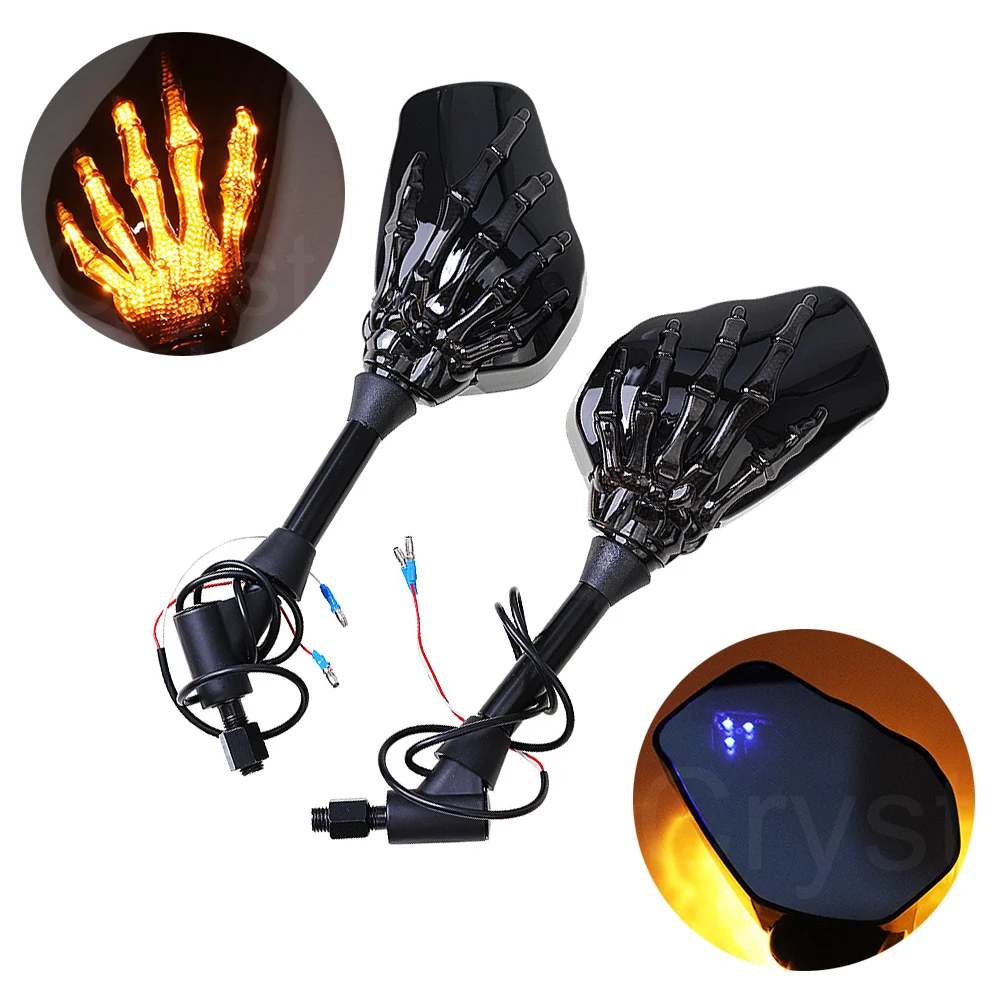 

Universal Motorcycle Rear View Mirrors Skull Hand Pattern Ghost Claw LED Turn Signal Side Mirror 10mm 8mm Fits KTM Ducati Honda