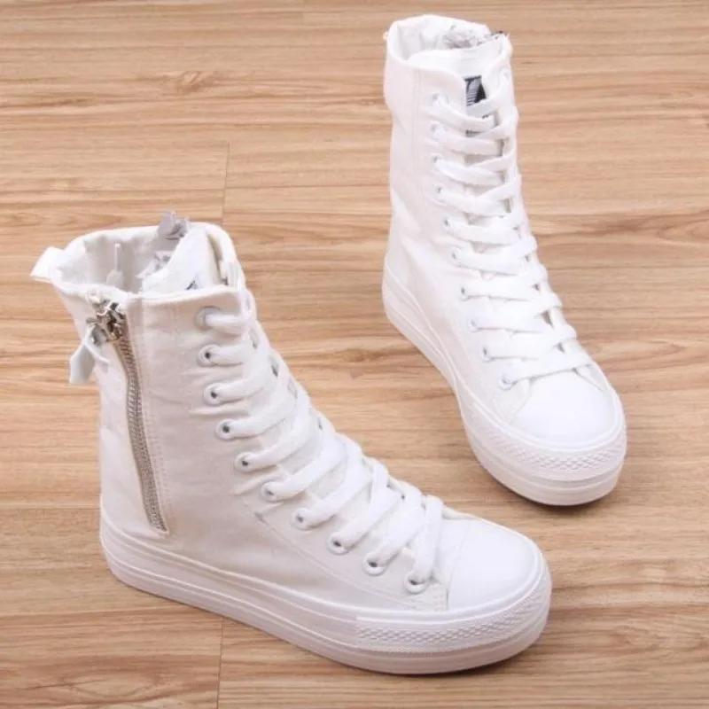 

Canvas Black High-Top Shoes Platform Women Lace-Up Height Increasing White Sneakers Classic Espadrilles Zipper Leisure Work Shoe