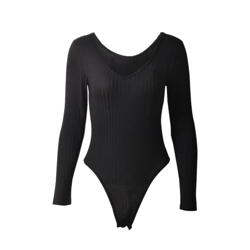 New Fashion solid bodysuit long-sleeved V-neck slim thread bottoming shirt women |