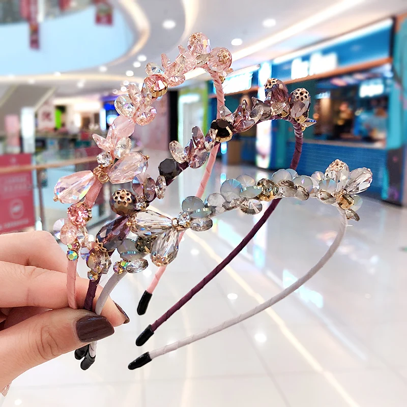 Детский обруч для волос милый с разноцветными стразами и жемчугом модные