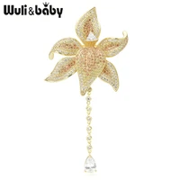 wulibaby elegant cubic zircon flower brooches women top quality luxury waterdrop chain flower weddings banquet brooch pins gift
