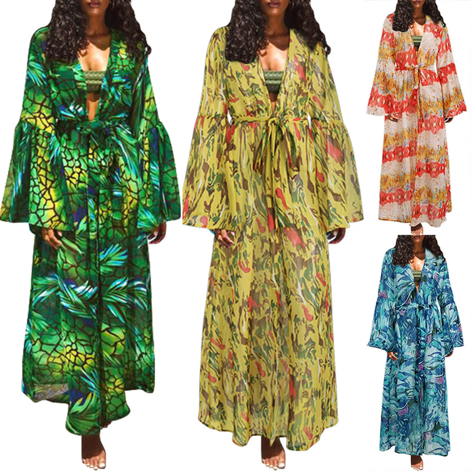 

2021 Bohemian style ladies print blouse Ladies Fashion V-Neck Printed Beach Skirt Ladies Sexy Beach Top Women's Beach Cover-Ups