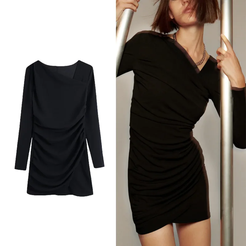 

Платье-мини женское повседневное с длинным рукавом, в складку