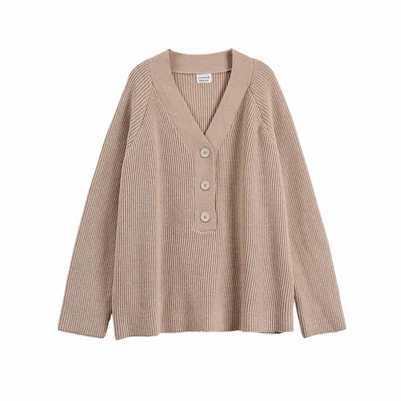

Plus Size Korean-Style V-neck Loose Sweater Solid Color Knitted Buttons Pullover Sweater Autumn Warm Jumper Outerwear