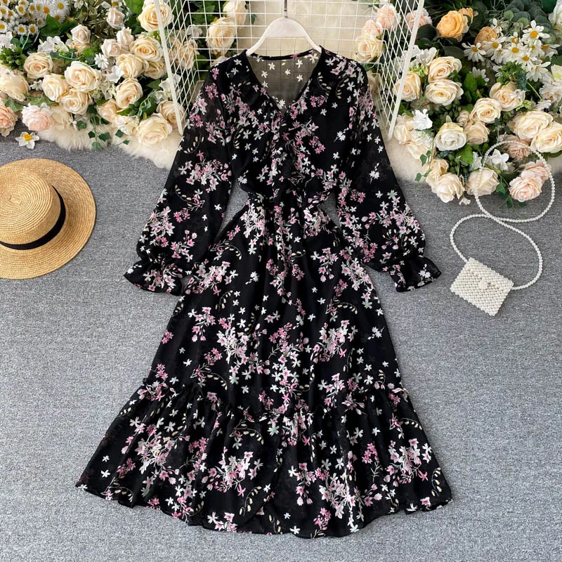 Женское платье с цветочным принтом SINGRAIN трапециевидной формы v-образным вырезом